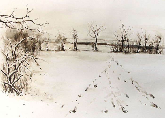 Schnee in Biberach, Aquarell<br>Bild: ca. 24 x 32 cm   Rahmen: ca. 40 x 50 cm