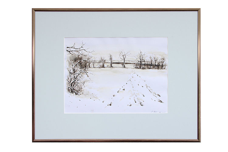 Schnee in Biberach, Aquarell<br>Bild: ca. 24 x 32 cm   Rahmen: ca. 40 x 50 cm